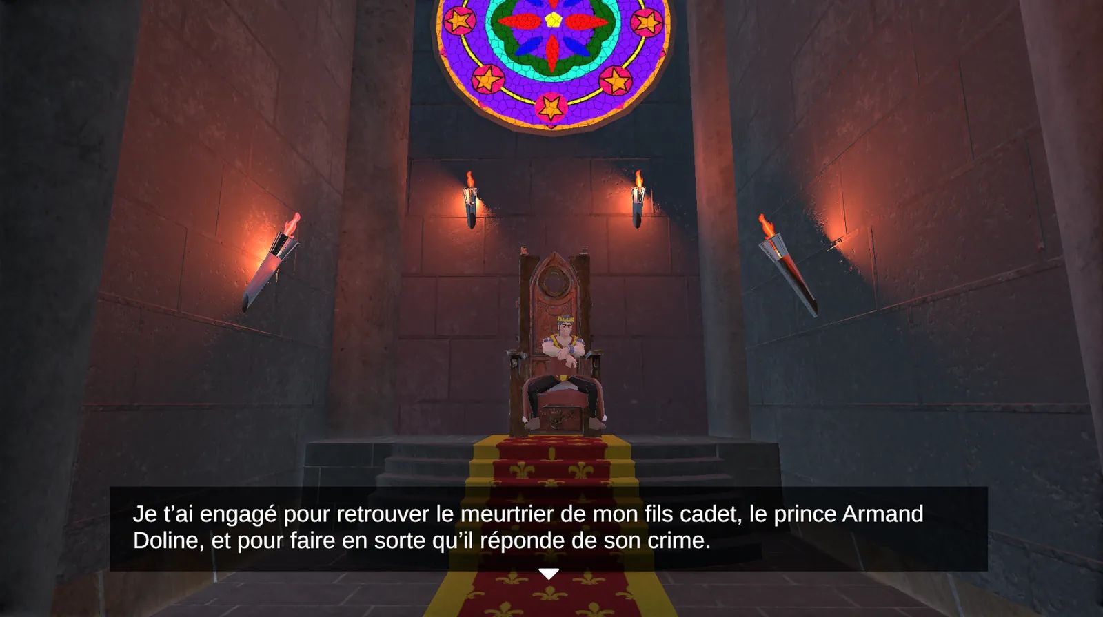 Salle du trône dans Démasqué : un personnage assis sur le trône et une ligne de dialogue sur le meurtre du prince.