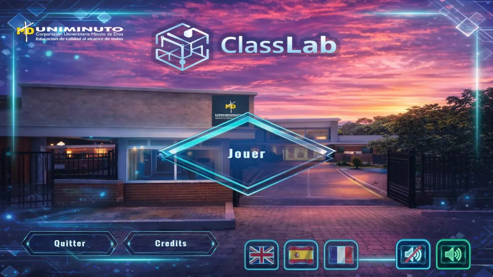 Menu principal de ClassLab : logo UNIMINUTO, titre du jeu et bouton « Jouer » sur une vue de campus au coucher du soleil.