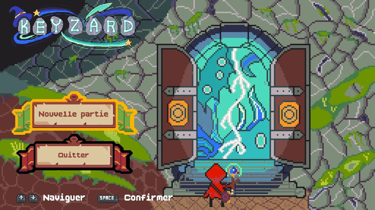 Écran-titre de Keyzard : le logo au-dessus d’un portail magique, avec le menu « Nouvelle partie ».