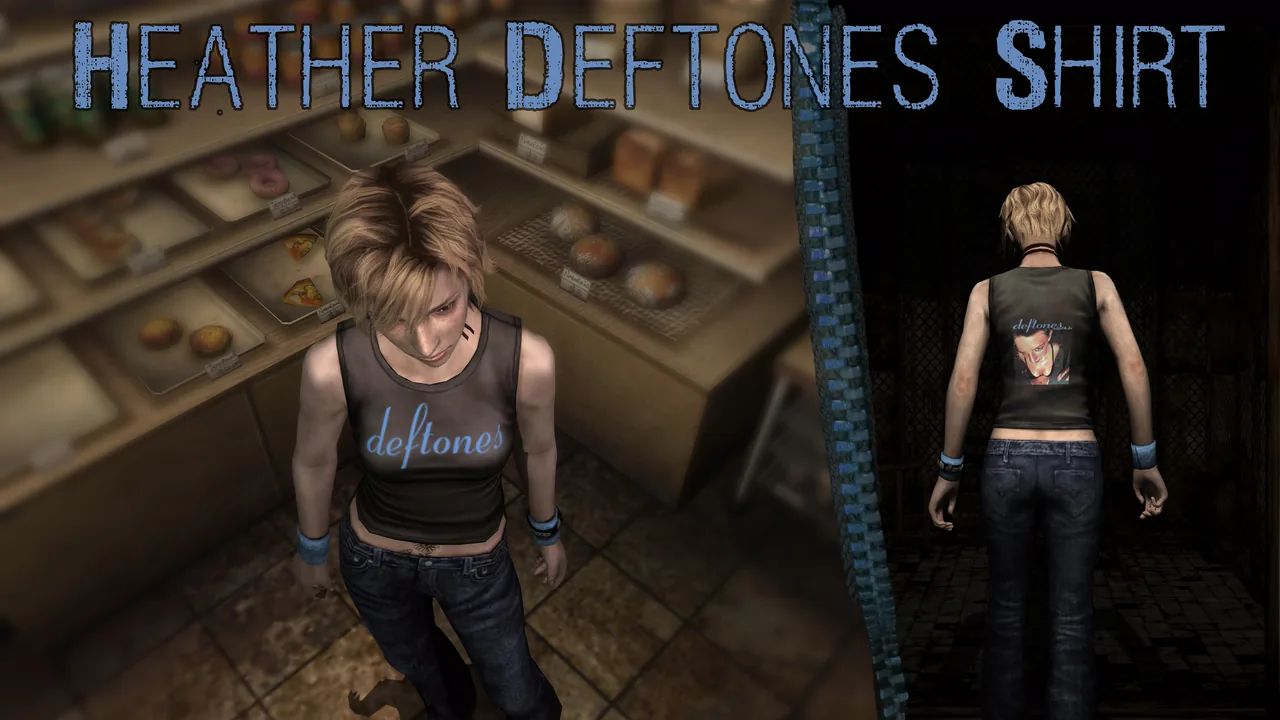 Vignette du mod : Heather porte un t‑shirt Deftones, de face et de dos.