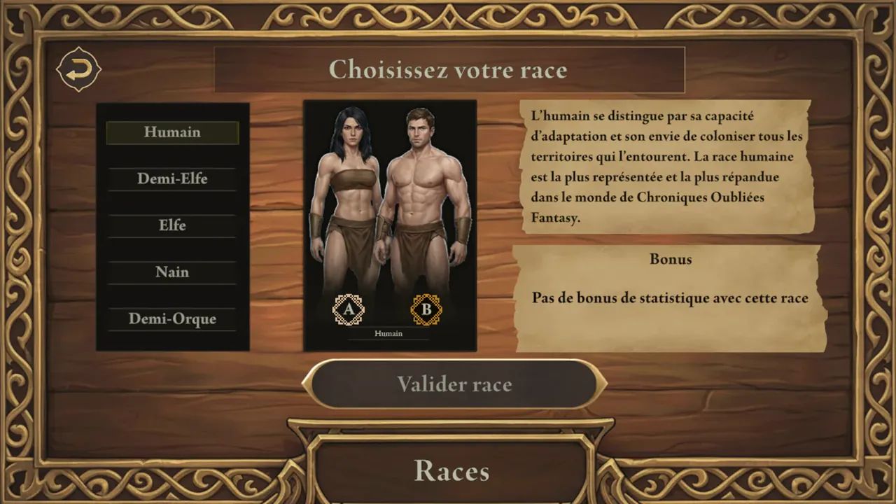 Écran « Choisissez votre race » : liste des races, aperçu du personnage et description des bonus.