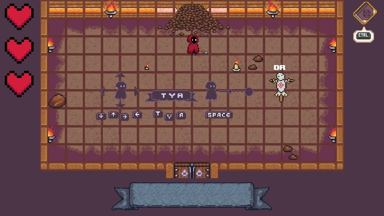 Salle de donjon en pixel art : le mot à taper s’affiche au milieu de la pièce.