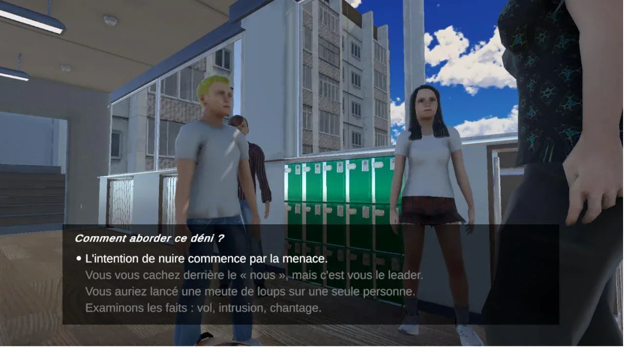 Scène 3D dans un couloir d’établissement scolaire : des élèves, une question posée par le jeu et plusieurs réponses possibles.