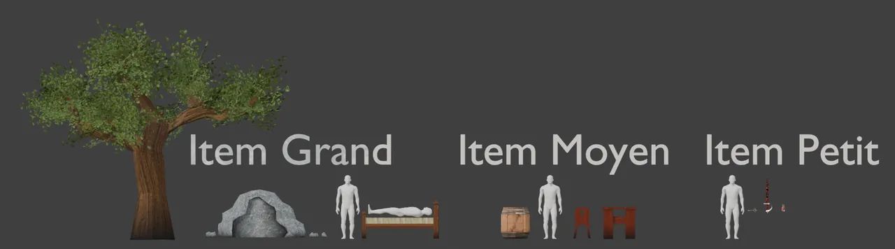 Planche de rendus Blender : les objets 3D de Blood Sword classés par taille, à côté d’une silhouette humaine.