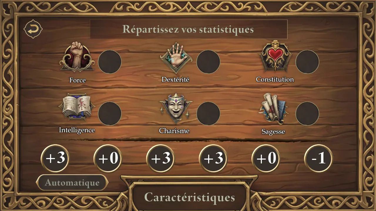 Écran « Répartissez vos statistiques » : force, dextérité, constitution, intelligence, charisme et sagesse.