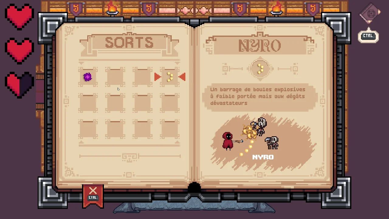 Grimoire des sorts : la liste des sorts appris et la description du sort « Nyro ».