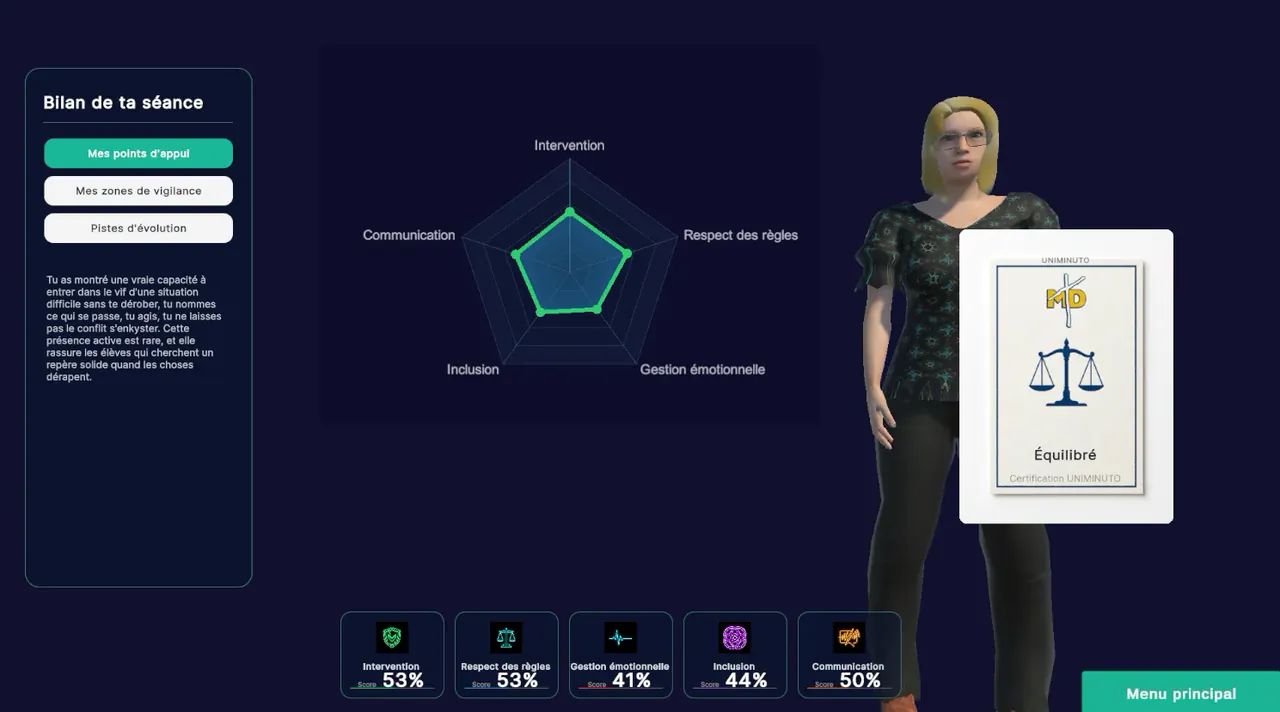 Écran « Bilan de la séance » : graphique radar des compétences et personnage 3D.