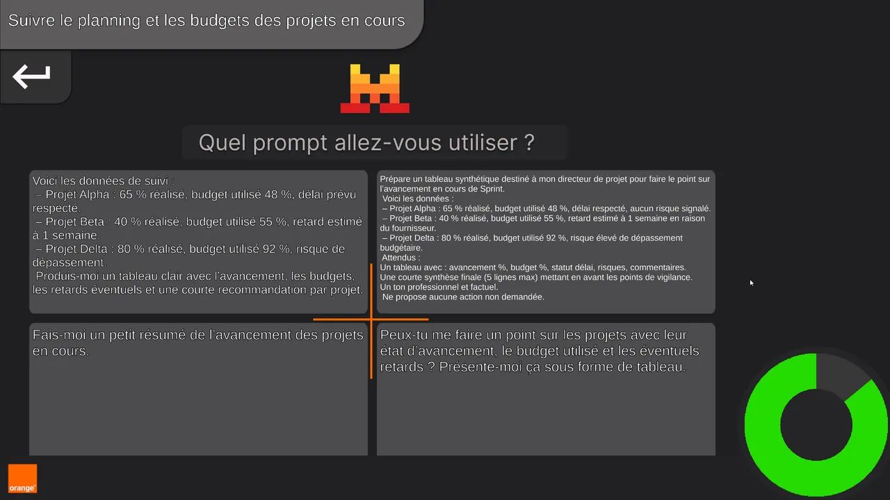 Écran « Quel prompt allez-vous utiliser ? » : quatre formulations à comparer.