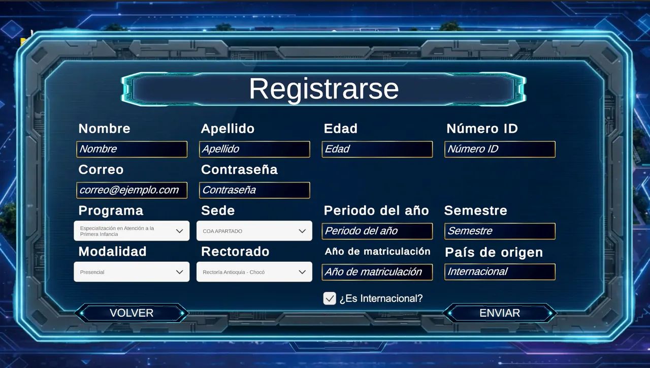 Écran d’inscription en espagnol, interface bleue au style « holographique » de la version 2.