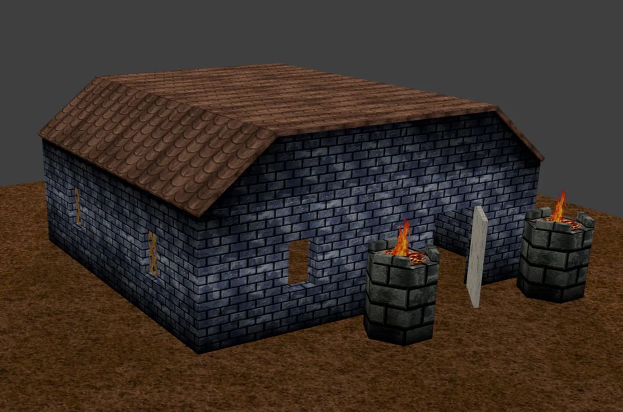 Rendu Blender d’une maison en pierre avec deux braseros allumés.