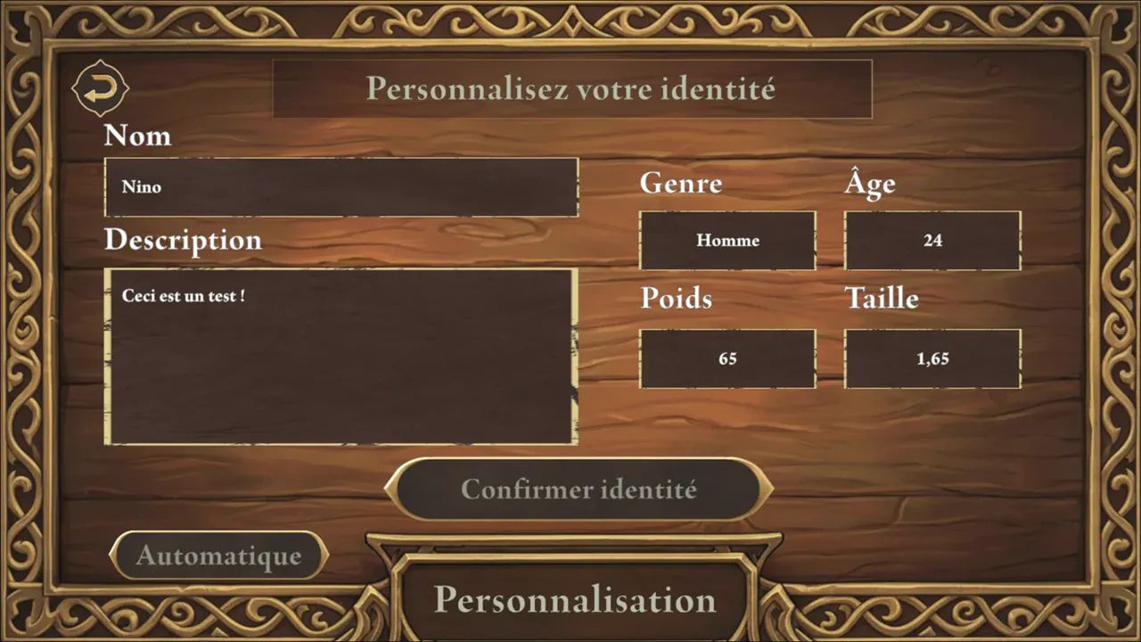 Écran « Personnalisez votre identité » : nom, description, genre, âge, poids et taille.