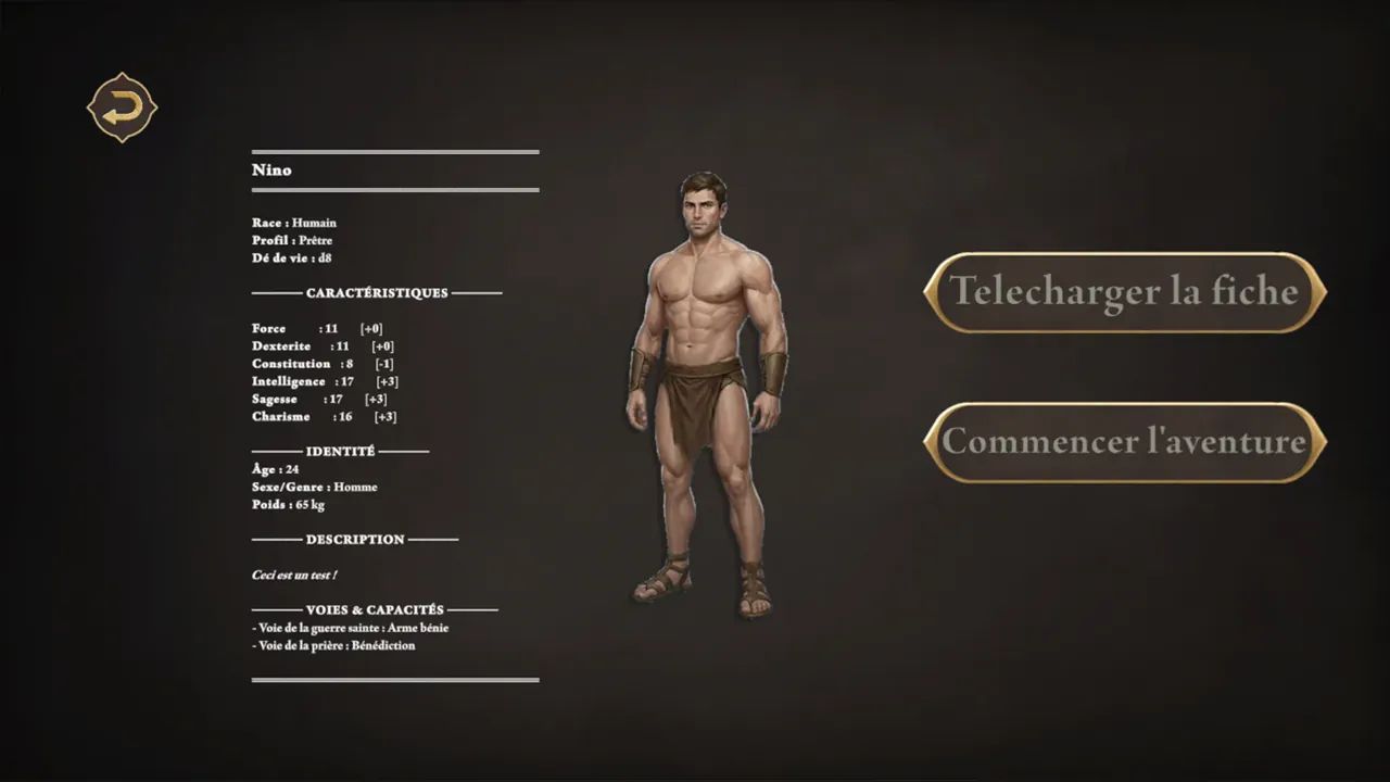 Fiche de personnage récapitulative, avec les boutons « Télécharger la fiche » et « Commencer l’aventure ».