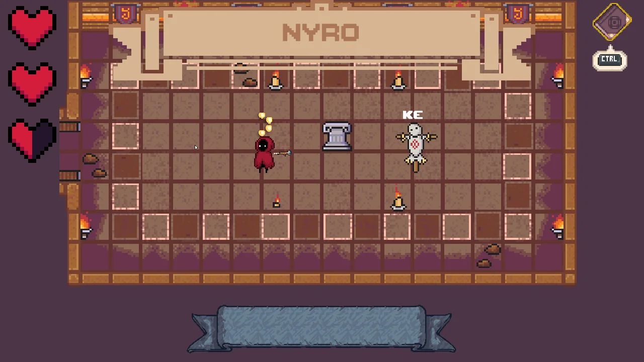 Salle annoncée par une bannière « Nyro » : le joueur tape les lettres du sort.